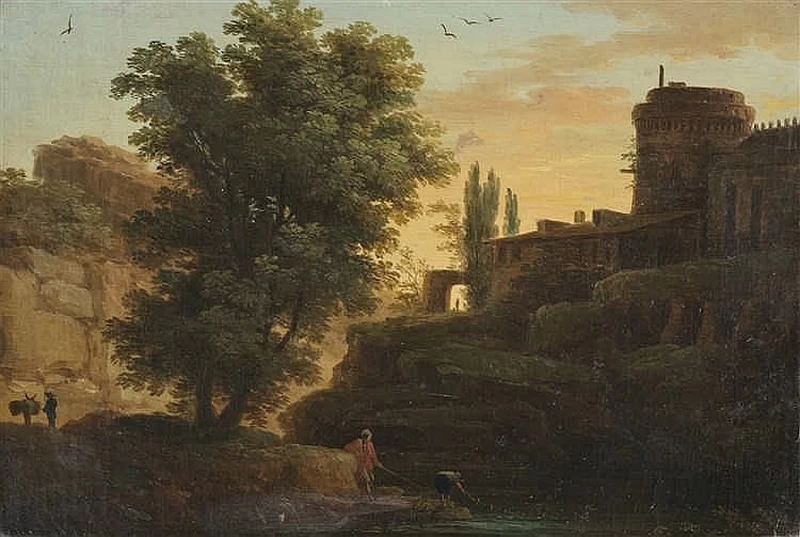 Paesaggio fluviale con astanti